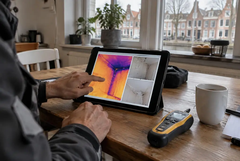 Lekdetectie Berkel en Rodenrijs – lekdetectierapport met warmtebeelden en foto's op een tablet