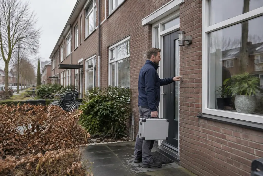 Lekdetectiespecialist met meetkoffer bij de voordeur van een woning in Berkel en Rodenrijs